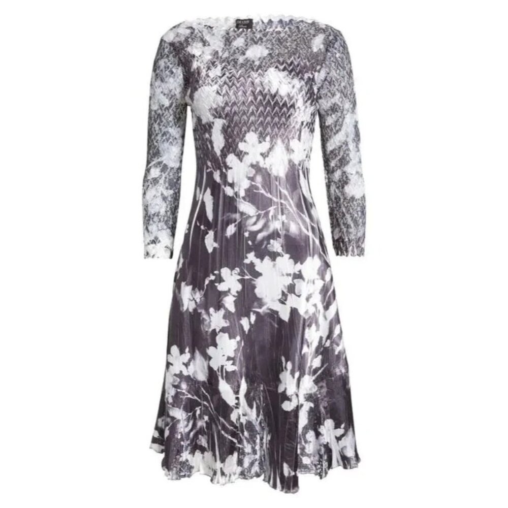 NWT KOMAROV Illusion Lace Neck in Black Ink Vine Crinkle Pleat Dress L